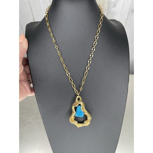 Gold Plated Necklace Blue Turquoise Pendant Designer Gems Jewelry - Picture 2 of 5